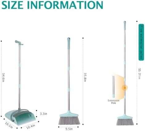 Long Handle Broom and Dustpan Set with Cleaning Teeth Bluish Green