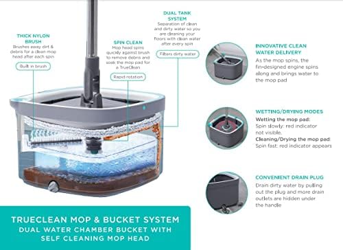 True Clean Spin Mop Bucket System Dual Compartment 360 Swivel Built-in Brush
