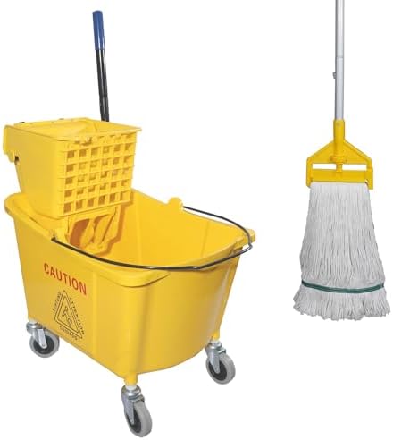 Commercial Mop Bucket with Side Press Wringer on Wheels 35 Quart - Yellow