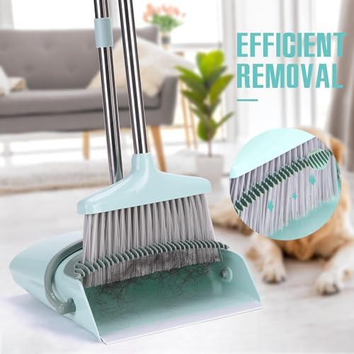 Long Handle Broom and Dustpan Set with Cleaning Teeth Bluish Green