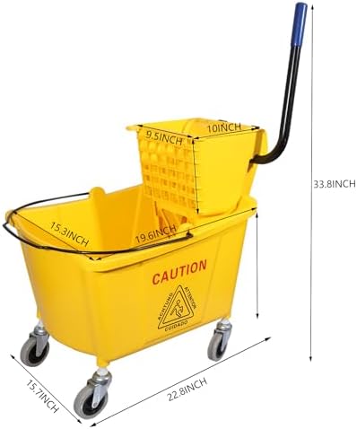 Commercial Mop Bucket with Side Press Wringer on Wheels 35 Quart - Yellow