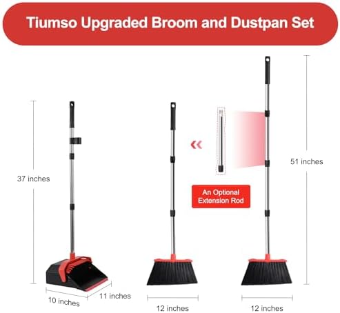 Tiumso Upgrade Broom Dustpan Combo Set with 51 Handle - Black and Red