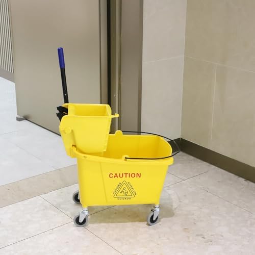 Commercial Mop Bucket with Side Press Wringer on Wheels 35 Quart - Yellow