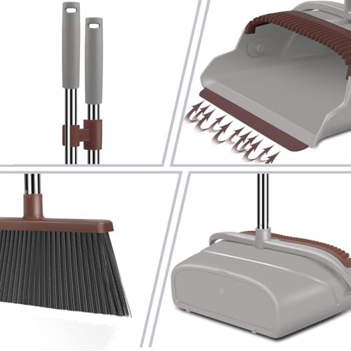 Kelamayi Upgrade Broom and Dustpan Set Self Cleaning with Dustpan Teeth Brown
