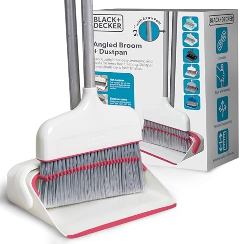BLACKDECKER Butler Broom Dustpan Set - 36 Handle Space-Saving WhitePink