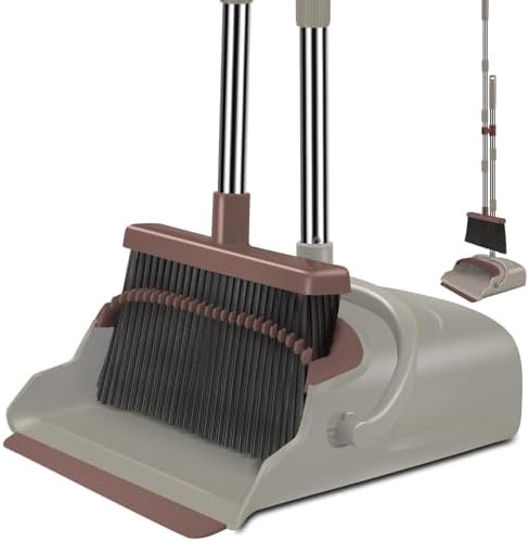 Kelamayi Upgrade Broom and Dustpan Set Self Cleaning with Dustpan Teeth Brown