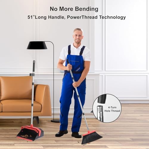 Tiumso Upgrade Broom Dustpan Combo Set with 51 Handle - Black and Red
