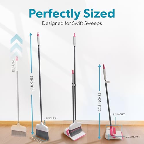 BLACKDECKER Butler Broom Dustpan Set - 36 Handle Space-Saving WhitePink