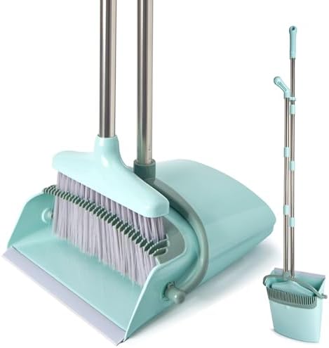Long Handle Broom and Dustpan Set with Cleaning Teeth Bluish Green