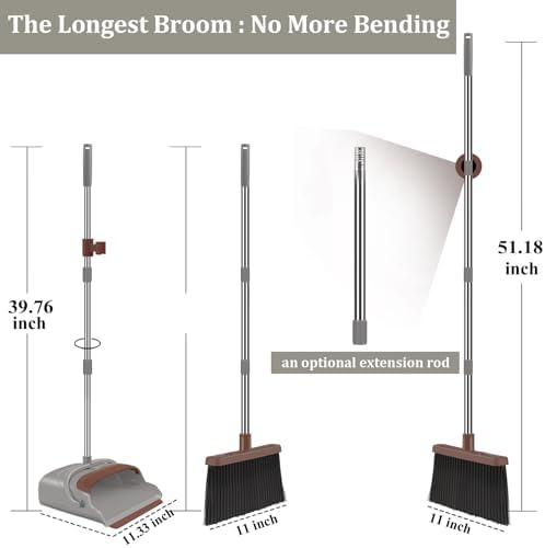 Kelamayi Upgrade Broom and Dustpan Set Self Cleaning with Dustpan Teeth Brown