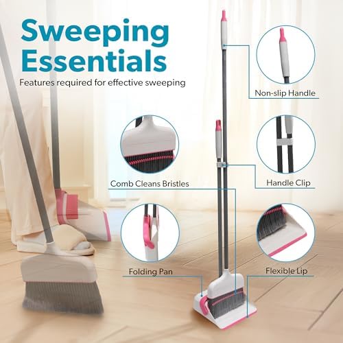 BLACKDECKER Butler Broom Dustpan Set - 36 Handle Space-Saving WhitePink