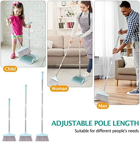Long Handle Broom and Dustpan Set with Cleaning Teeth Bluish Green