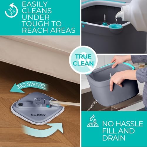 True Clean Spin Mop Bucket System Dual Compartment 360 Swivel Built-in Brush
