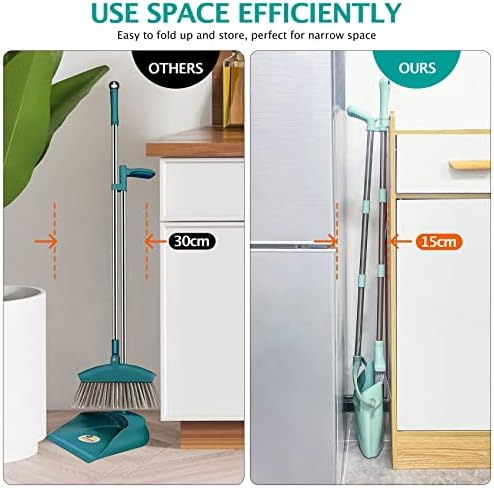 Long Handle Broom and Dustpan Set with Cleaning Teeth Bluish Green