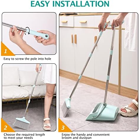 Long Handle Broom and Dustpan Set with Cleaning Teeth Bluish Green