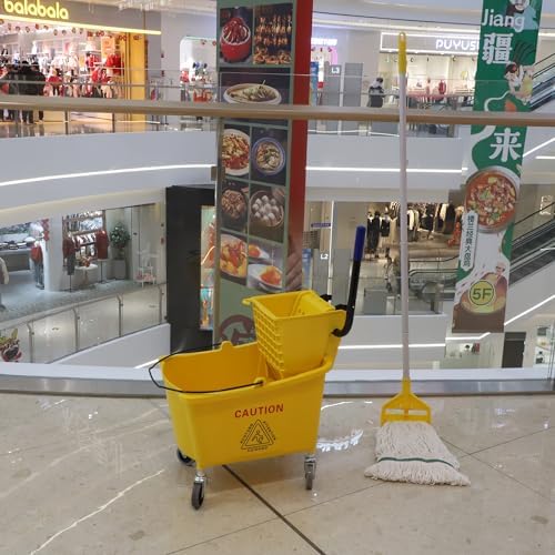 Commercial Mop Bucket with Side Press Wringer on Wheels 35 Quart - Yellow