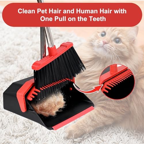 Tiumso Upgrade Broom Dustpan Combo Set with 51 Handle - Black and Red