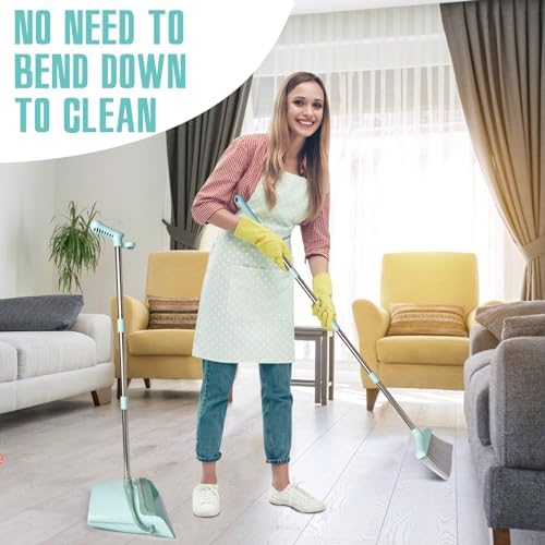Long Handle Broom and Dustpan Set with Cleaning Teeth Bluish Green
