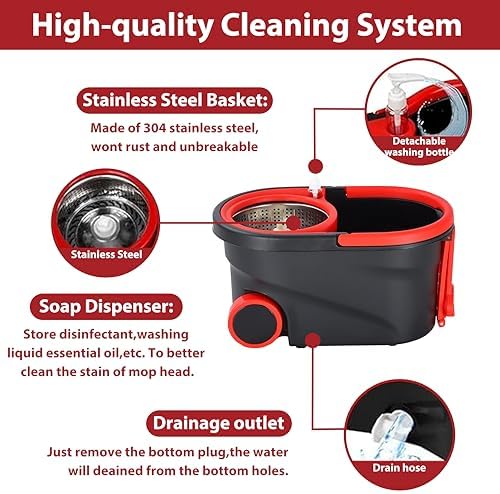 Spin Mop and Bucket with Wringer Set Stainless Steel Adjustable Handle