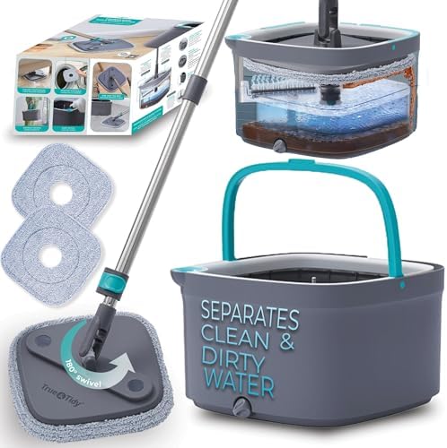 True Clean Spin Mop Bucket System Dual Compartment 360 Swivel Built-in Brush
