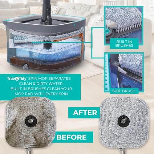 True Clean Spin Mop Bucket System Dual Compartment 360 Swivel Built-in Brush