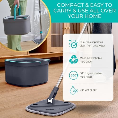 True Clean Spin Mop Bucket System Dual Compartment 360 Swivel Built-in Brush