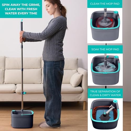 True Clean Spin Mop Bucket System Dual Compartment 360 Swivel Built-in Brush