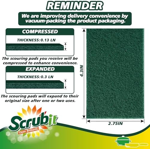 SCRUBIT Scouring Pads - 50 Pack Heavy Duty Non-Scratch Reusable Green
