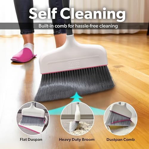 BLACKDECKER Butler Broom Dustpan Set - 36 Handle Space-Saving WhitePink
