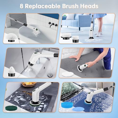 PUFTEM Power Scrubber with 8 Brush Heads 2 Speed Cordless