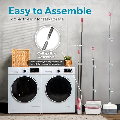 BLACKDECKER Butler Broom Dustpan Set - 36 Handle Space-Saving WhitePink