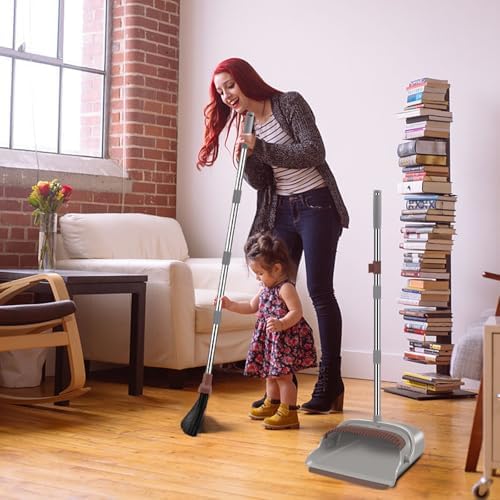 Kelamayi Upgrade Broom and Dustpan Set Self Cleaning with Dustpan Teeth Brown