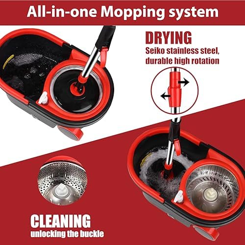 Spin Mop and Bucket with Wringer Set Stainless Steel Adjustable Handle