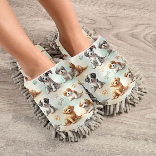 Xigua Microfiber Cleaning Slippers Dogs Pattern Washable Mop Shoes